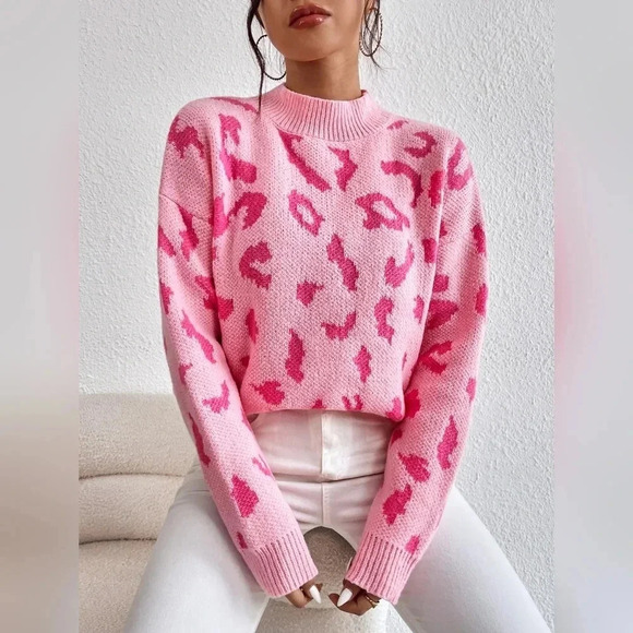 Leopard Pattern Mock Neck Drop Shoulder Sweater - Picture 1 of 7